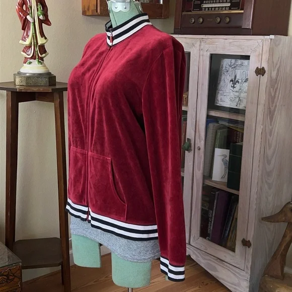 Red Velvet Velour Track Jacket Y2K Emo Soft Grunge Zip Up Striped Collar retro - Picture 3 of 12